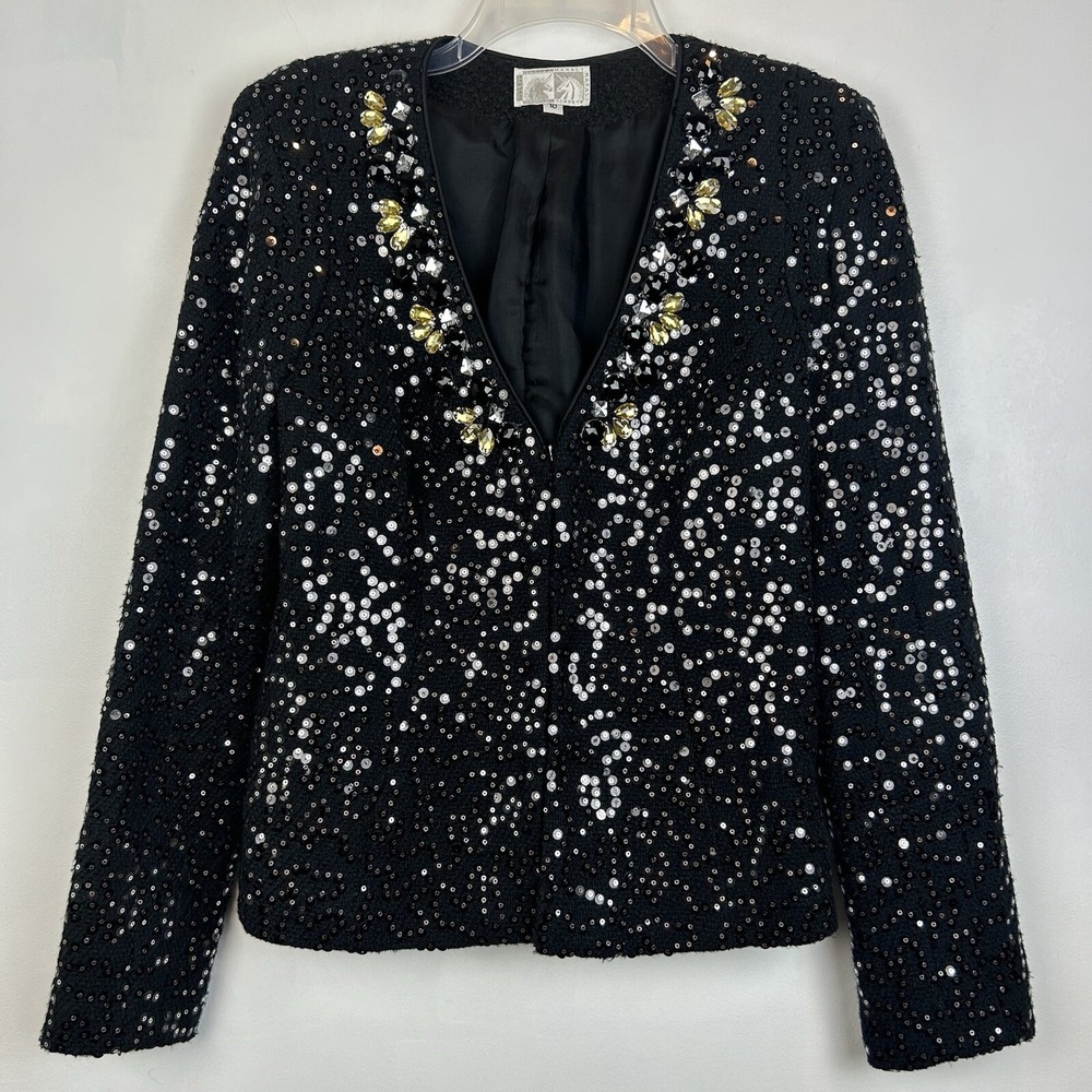 Alberto Makali Top Womens 10 Black Sequin Gems Long Sleeve Hook Evening Formal